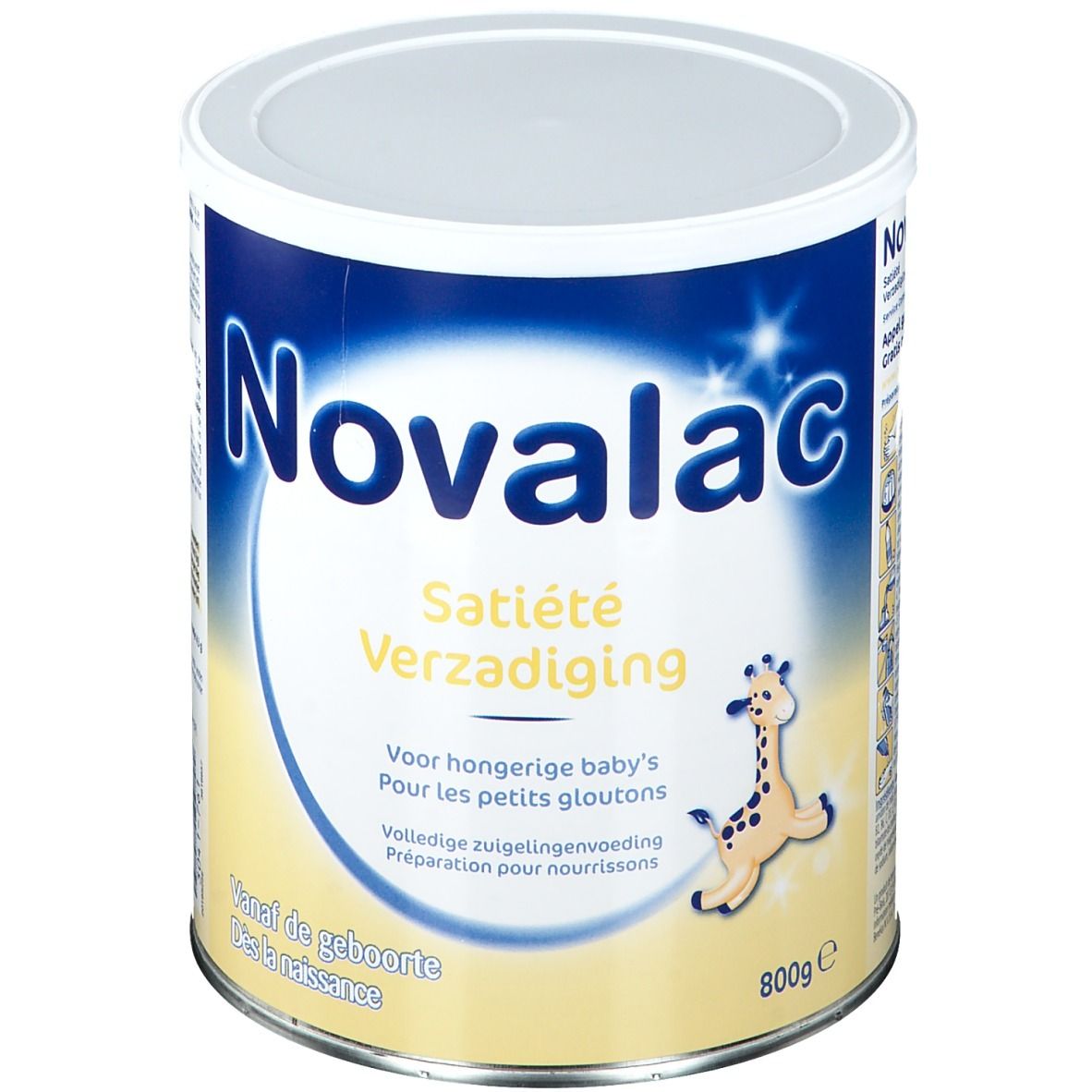 Boîte Novalac. Texte : Satiété, Verzadiging. Illustration girafe. 800g. Pour bébés affamés.