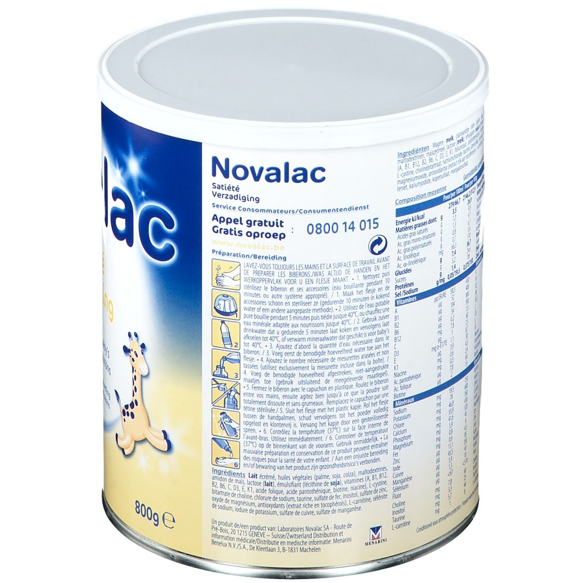 Boîte Novalac, dos. Texte et informations. 800g. Contient informations nutritionnelles et instructions.