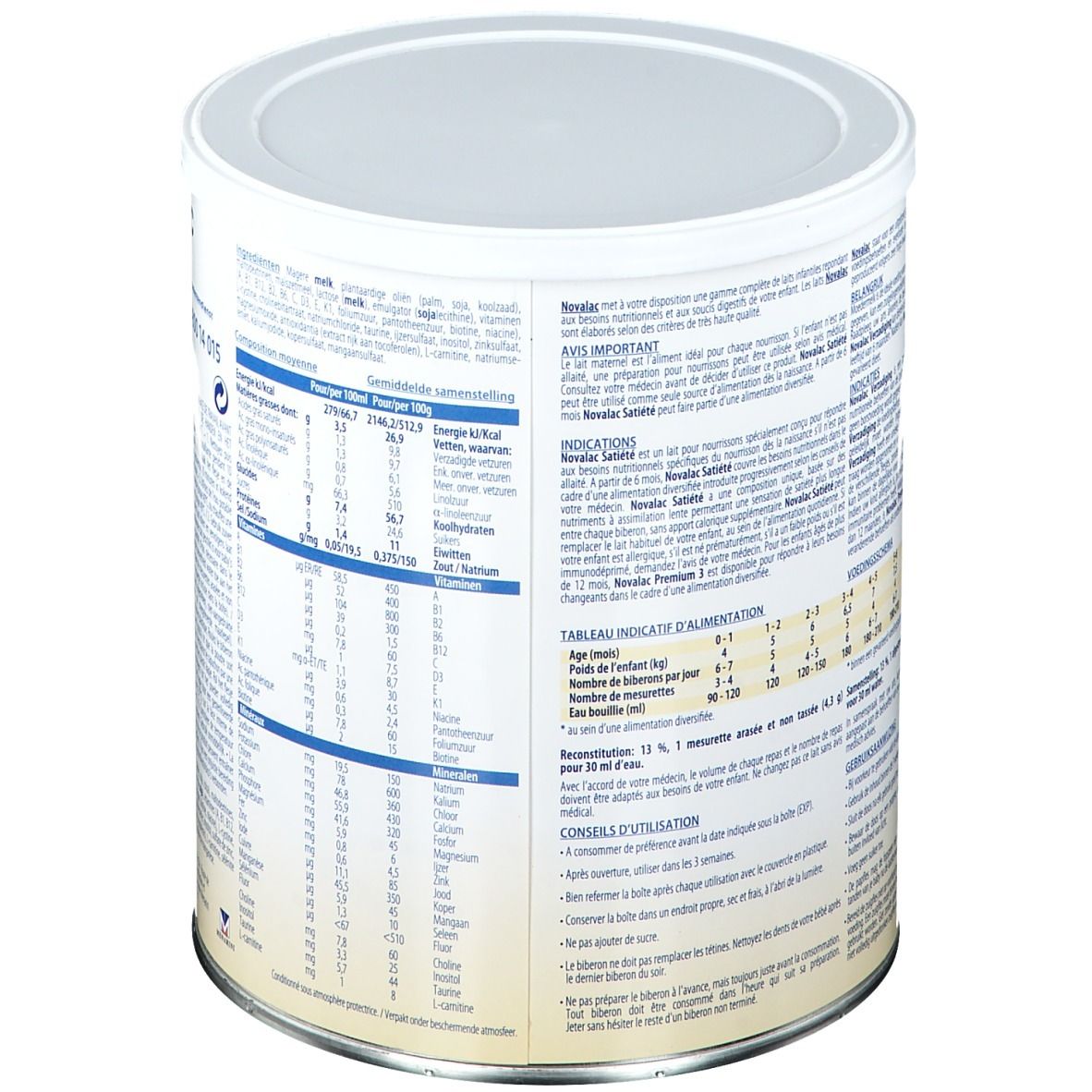 Boîte Novalac, dos. Vue détaillée avec informations nutritionnelles et instructions. 800g.