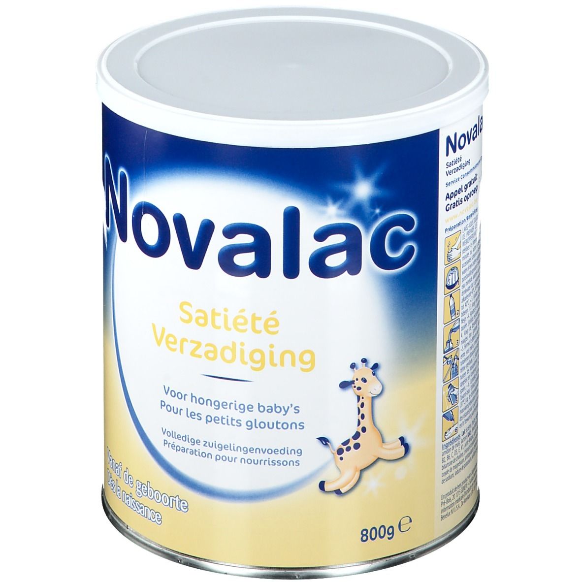 Boîte Novalac. Texte : Satiété, Verzadiging. Illustration girafe. 800g. Pour bébés affamés.