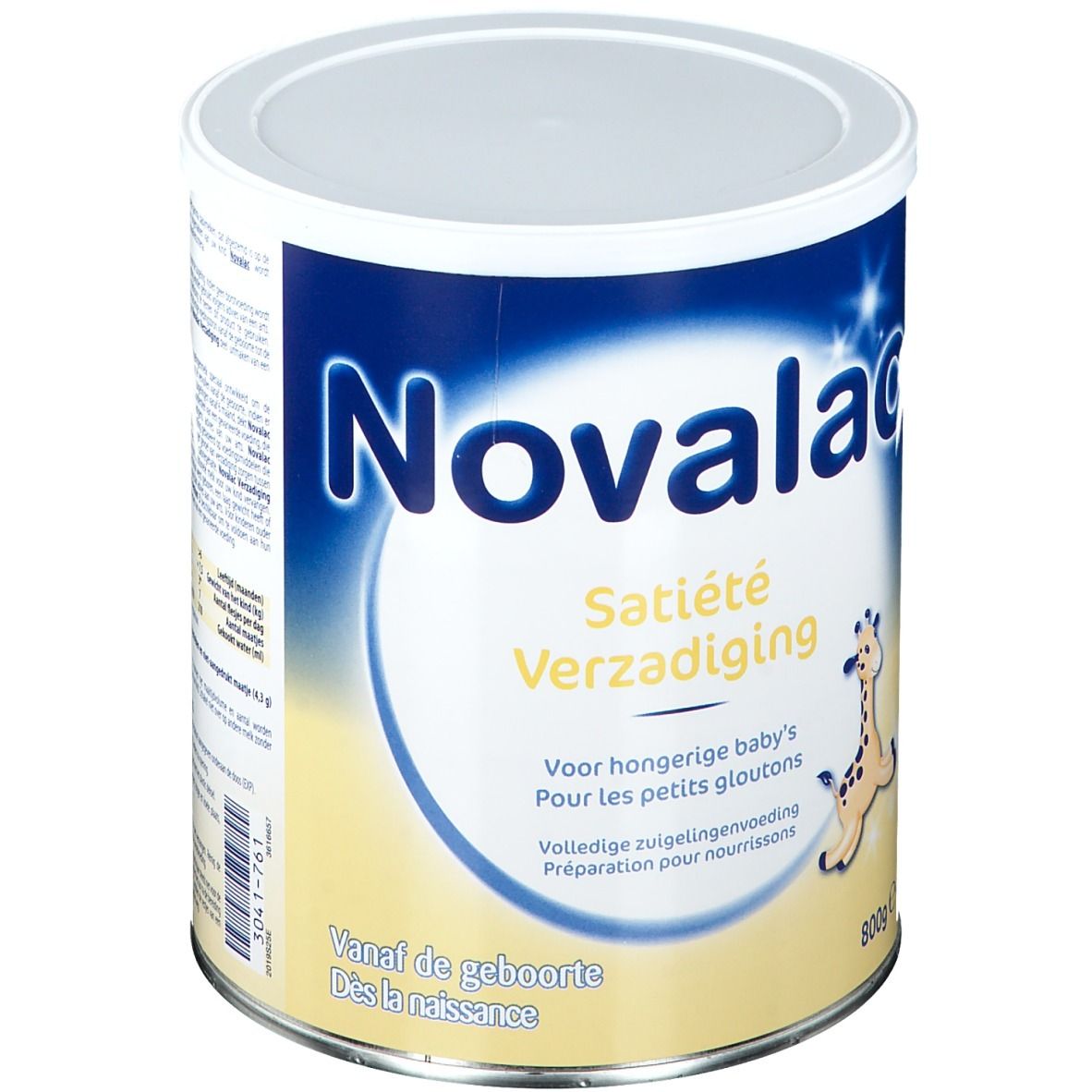 Boîte Novalac. Texte : Satiété, Verzadiging. Illustration girafe. 800g. Pour bébés affamés.