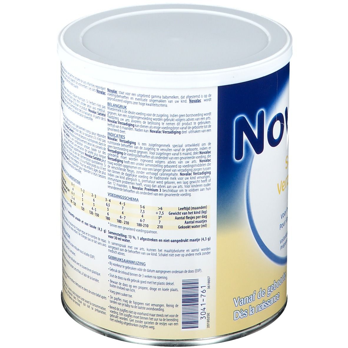 Boîte Novalac, dos. Vue détaillée avec texte et informations. 800g. Contient informations nutritionnelles.