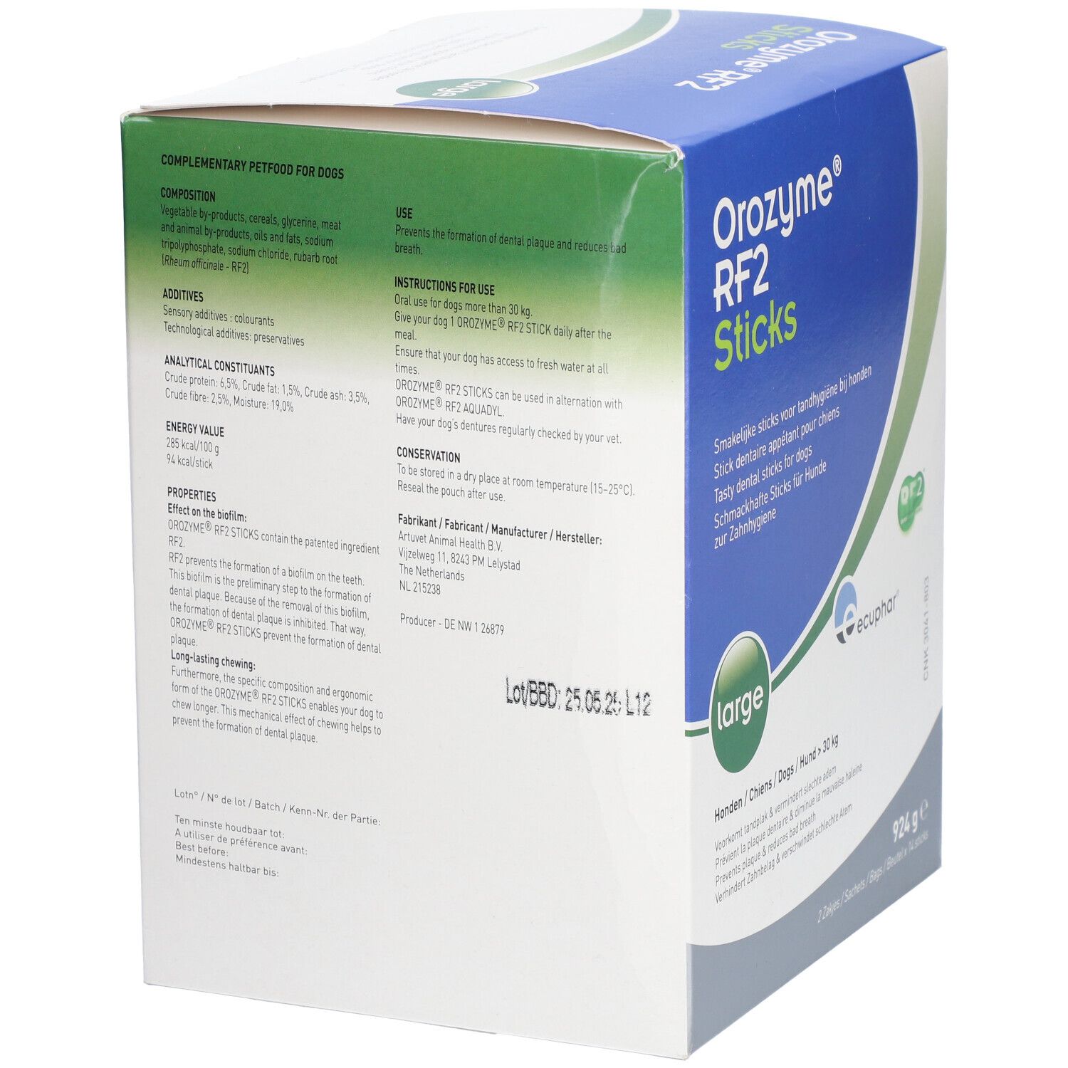 Zijkant van de verpakking van Orozyme RF2 Sticks. Bevat informatie over ingrediënten en gebruik.