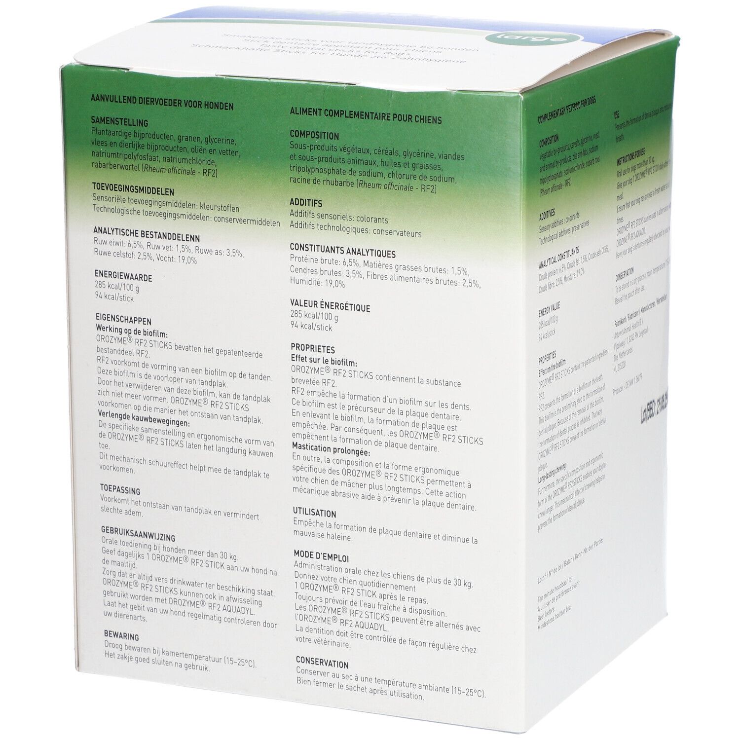 Zijkant van de verpakking Orozyme RF2 Sticks, met productinformatie en ingrediënten.