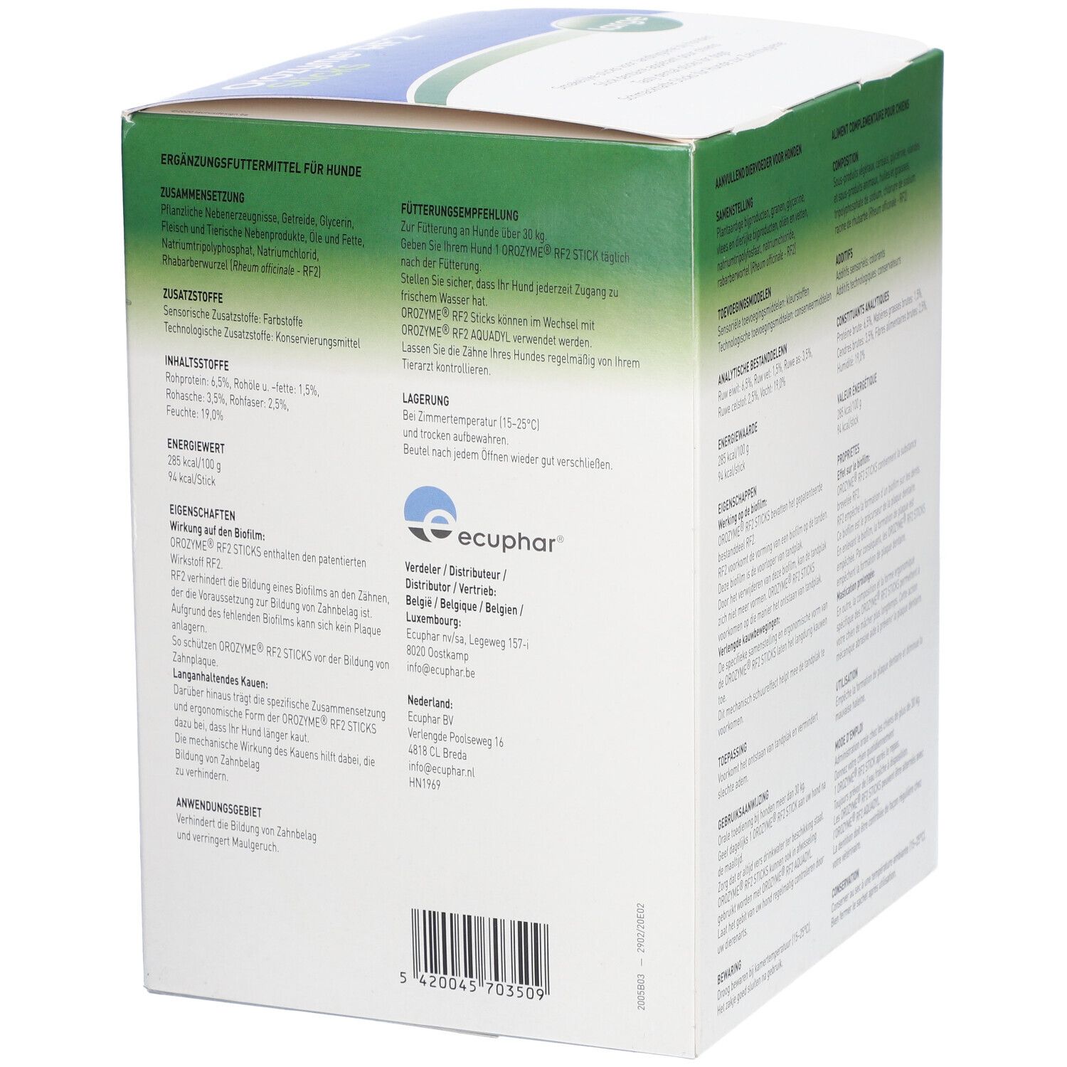 Achterkant van de verpakking van Orozyme RF2 Sticks. Bevat informatie en fabrikantgegevens.