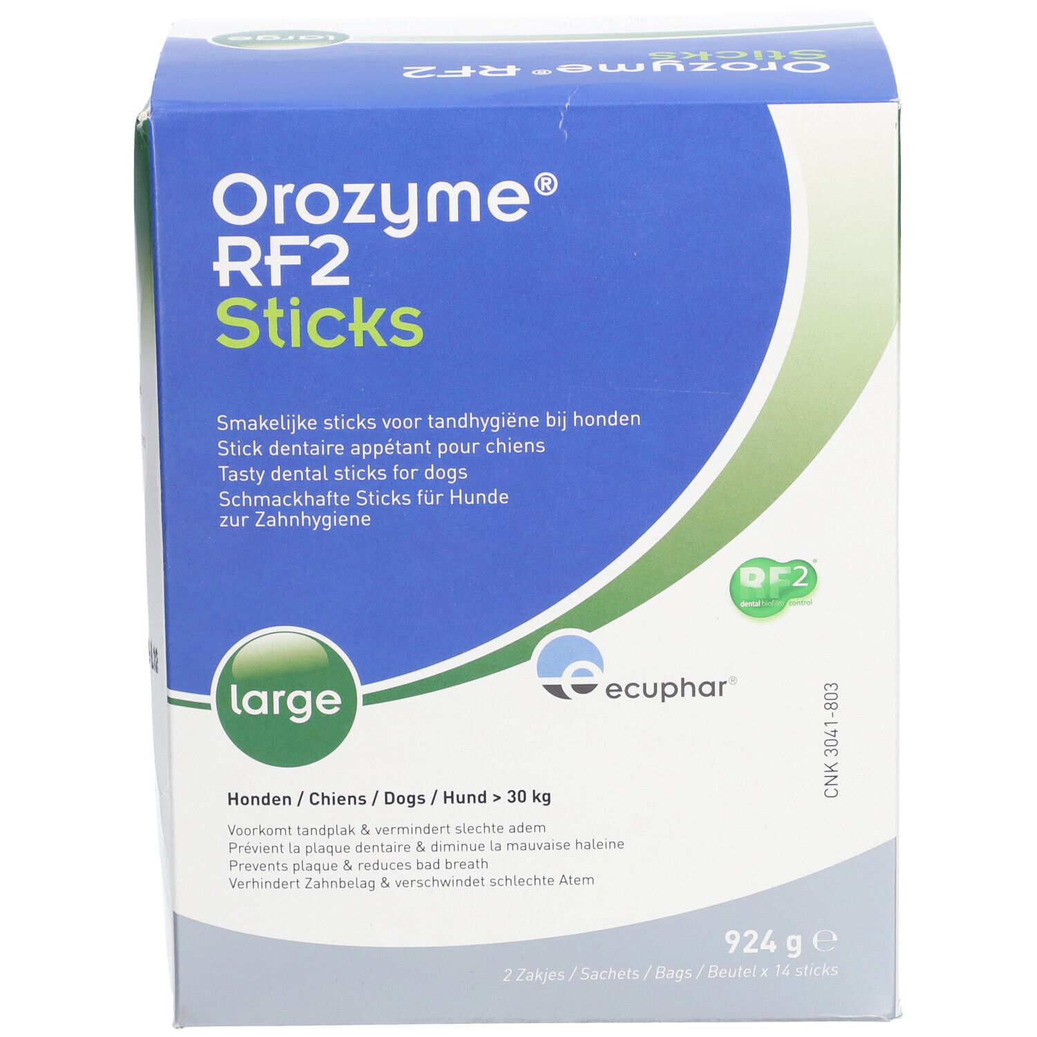 Orozyme RF2 Sticks, grote verpakking. Blauw-witte doos met productinformatie en logo.