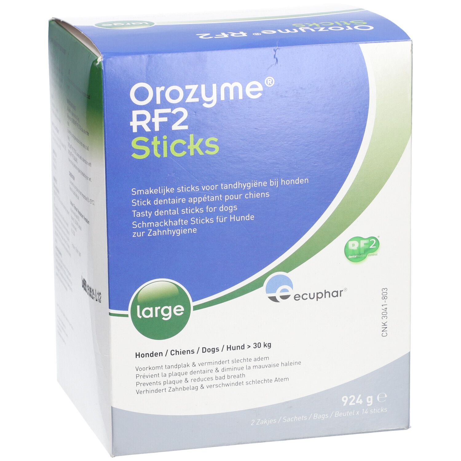 Orozyme RF2 Sticks, grote verpakking. Blauw-witte doos met productinformatie en logo.