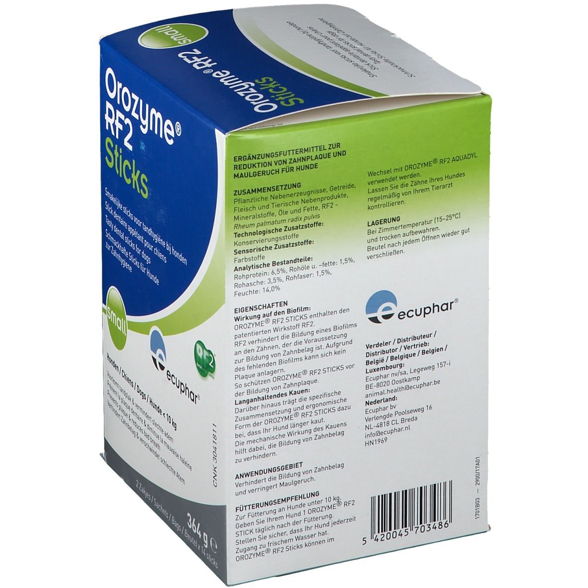 Achterkant Orozyme RF2 Sticks verpakking. Info over ingrediënten en gebruik. Voor honden <10 kg.