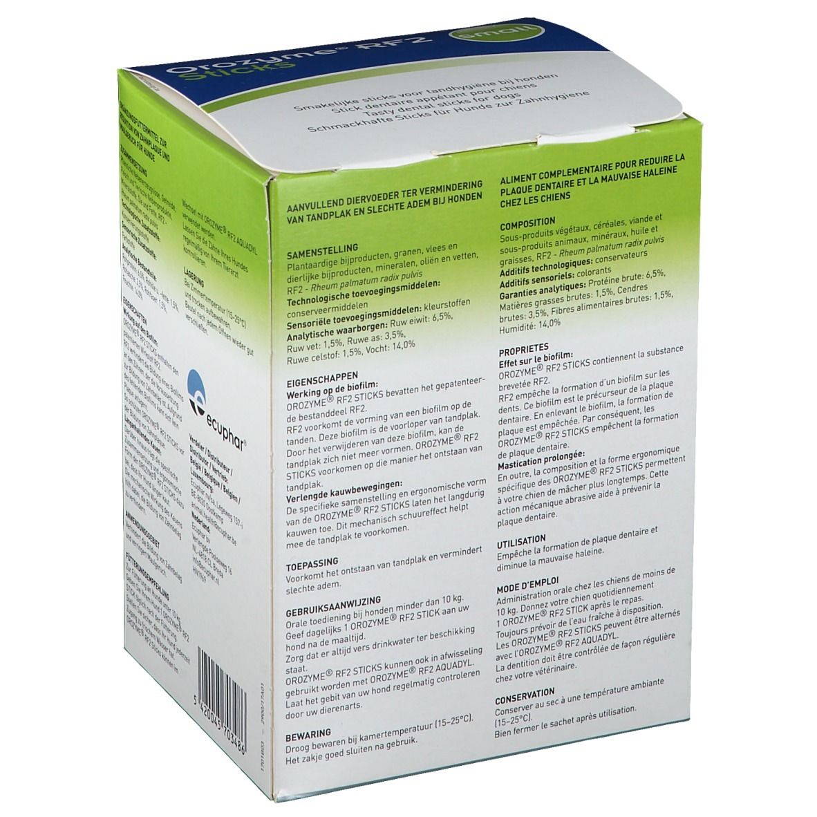 Achterkant Orozyme RF2 Sticks verpakking. Info over ingrediënten en gebruik. Voor honden <10 kg.