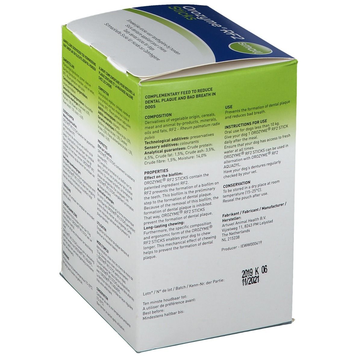 Achterkant Orozyme RF2 Sticks verpakking. Info over ingrediënten en gebruik. Voor honden <10 kg.