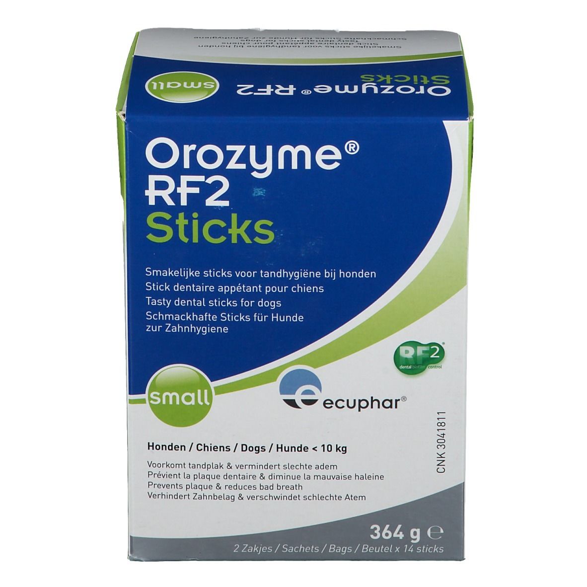 Orozyme RF2 Sticks verpakking. Bevat 14 sticks. Voor honden <10 kg. Blauwe en groene doos met productinfo.