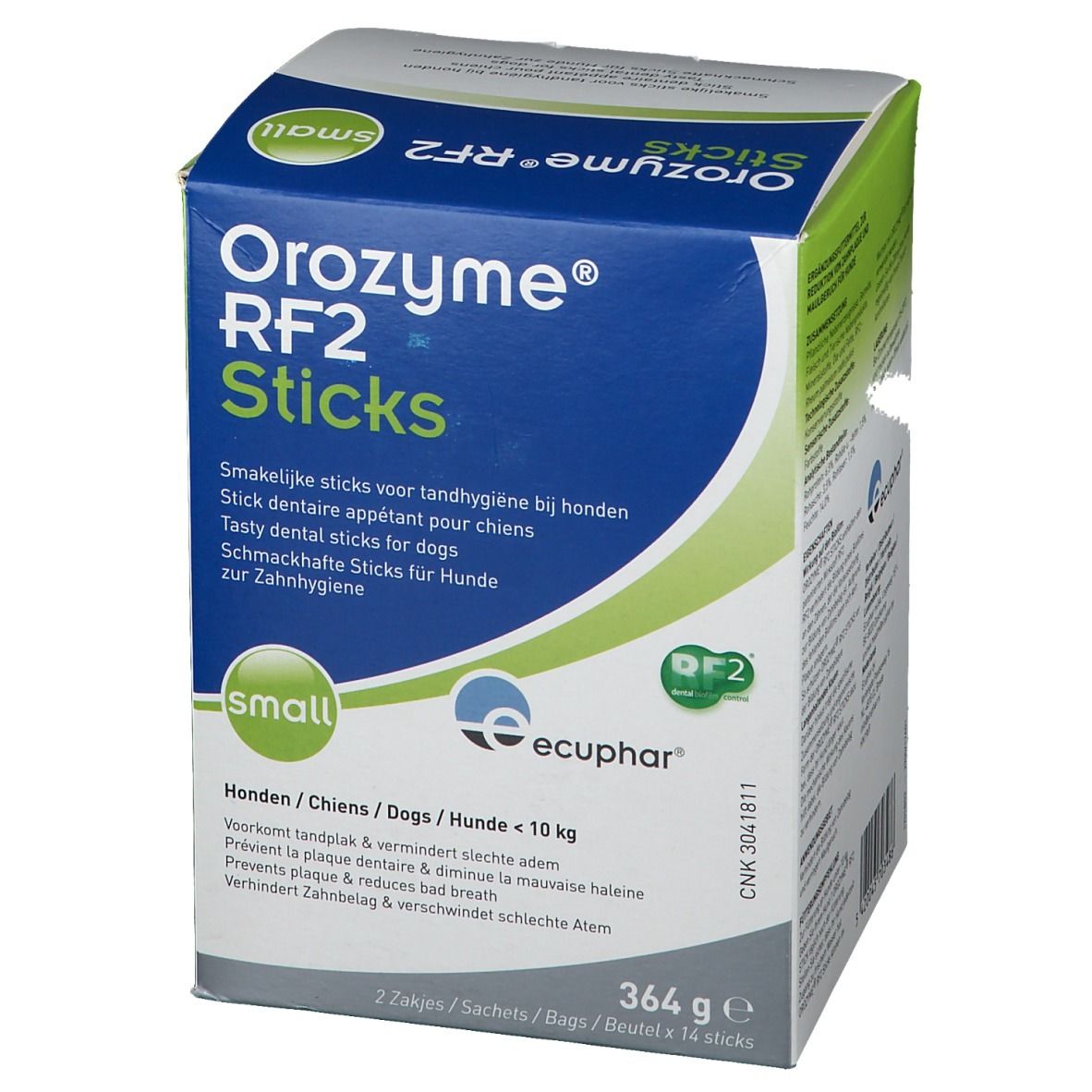 Orozyme RF2 Sticks verpakking. Bevat 14 sticks. Voor honden <10 kg. Blauwe en groene doos met productinfo.