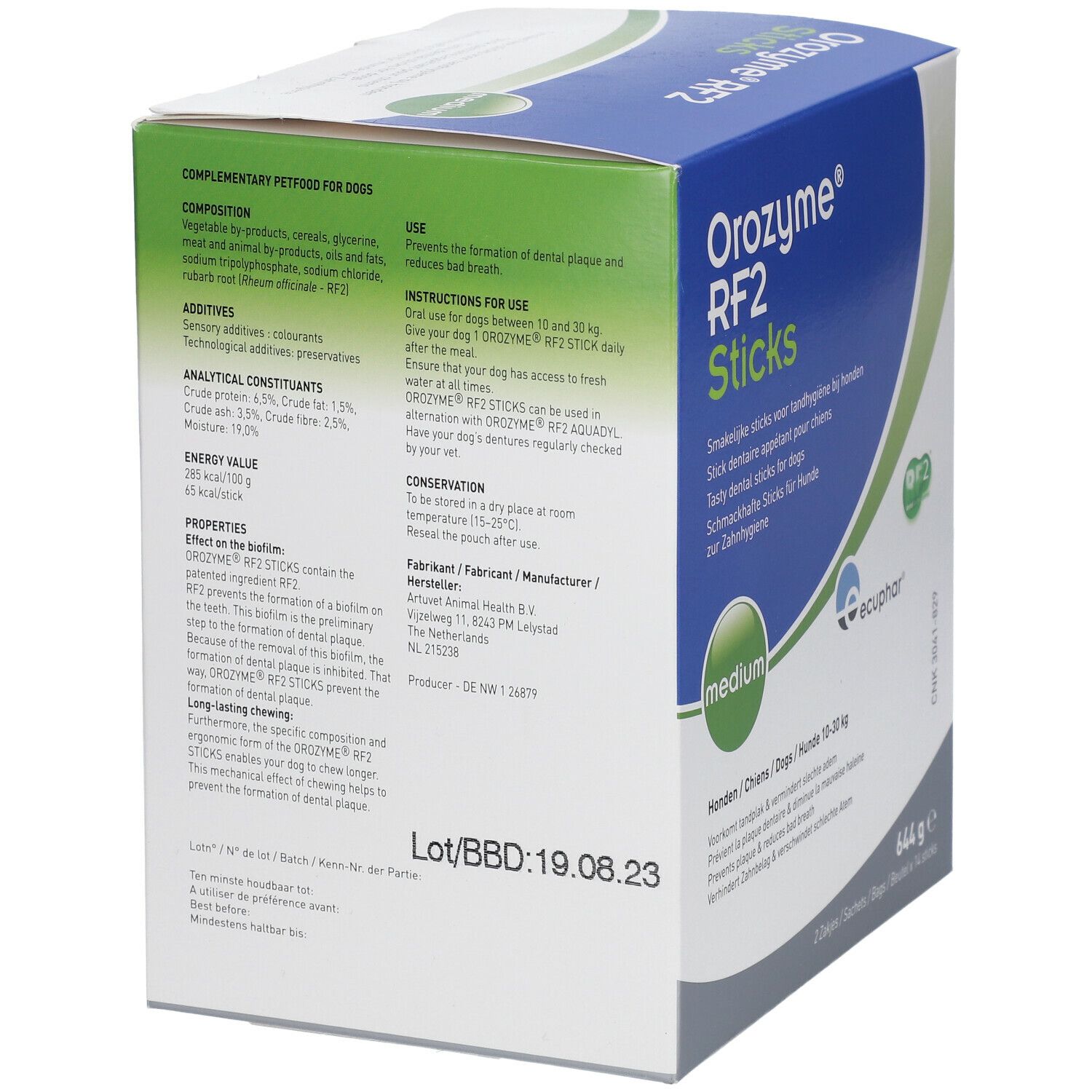 Boîte Orozyme RF2 Sticks, dos. Informations sur ingrédients, utilisation et conservation. Logo Ecuphar.