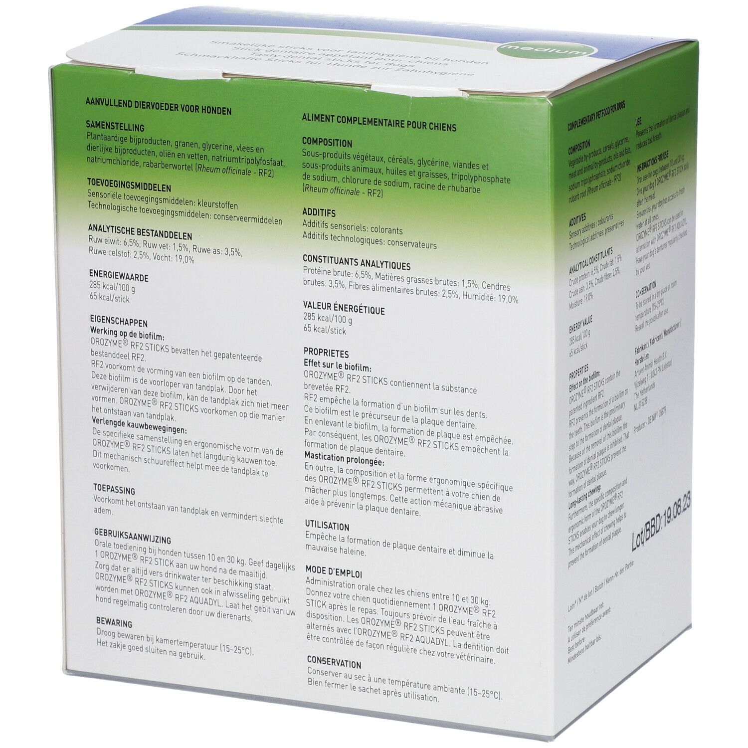 Dos de la boîte Orozyme RF2 Sticks. Informations sur ingrédients et composants analytiques. Logo Ecuphar.