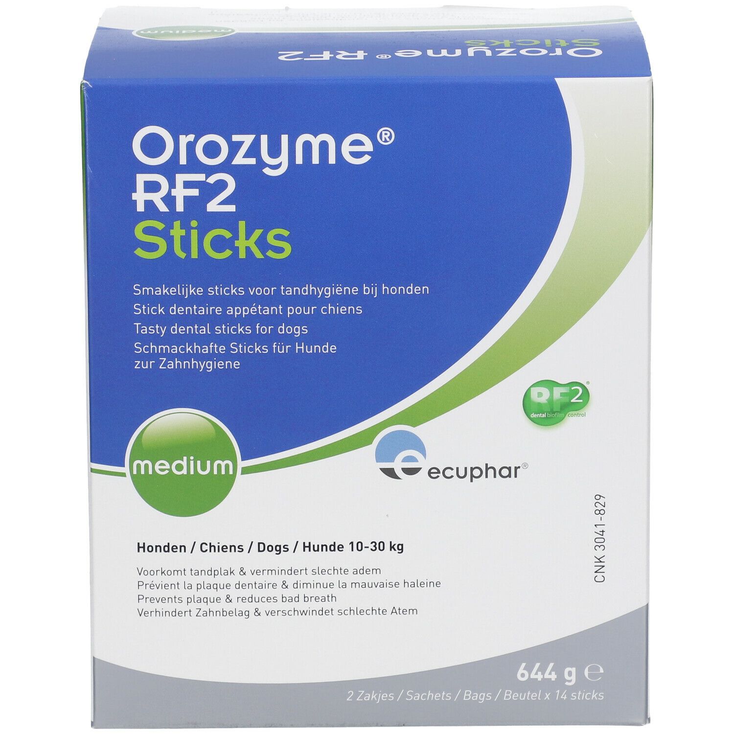 Boîte Orozyme RF2 Sticks. Contient 14 bâtonnets. Pour chiens 10-30 kg. Logo Ecuphar. Indication Medium.