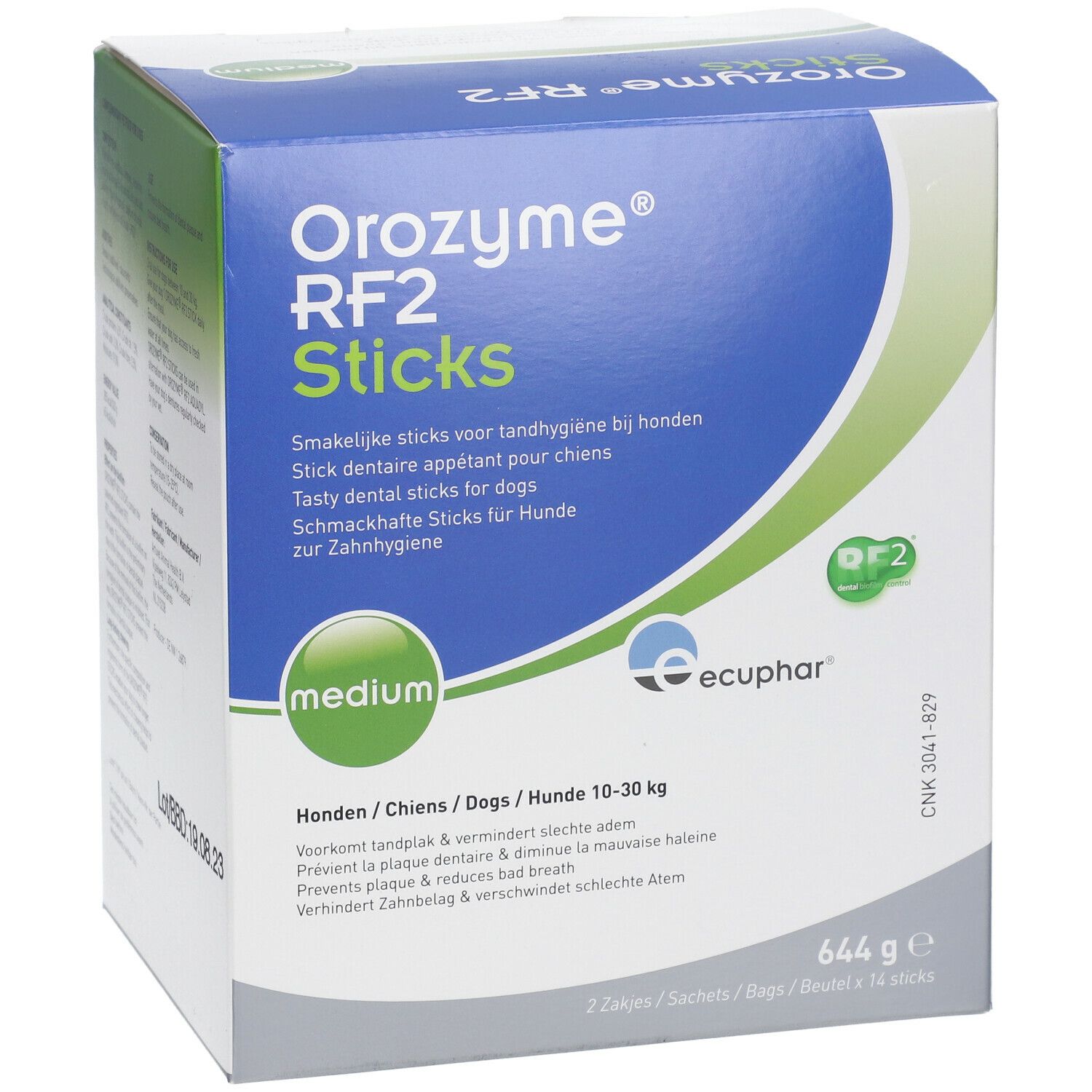 Boîte Orozyme RF2 Sticks. Contient 14 bâtonnets. Pour chiens 10-30 kg. Logo Ecuphar. Indication Medium.