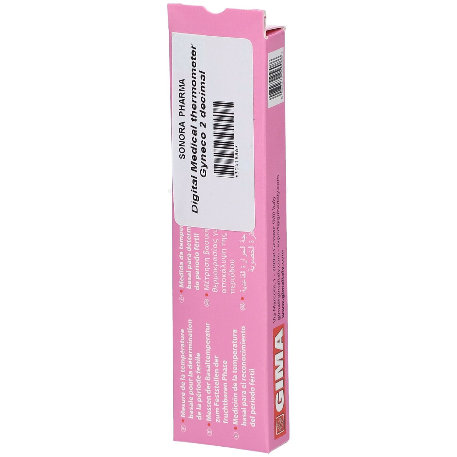 Rosa Verpackung mit Produktinformationen. Digitales medizinisches Thermometer. Marke Sonora Pharma Gynéco 2 decimal.