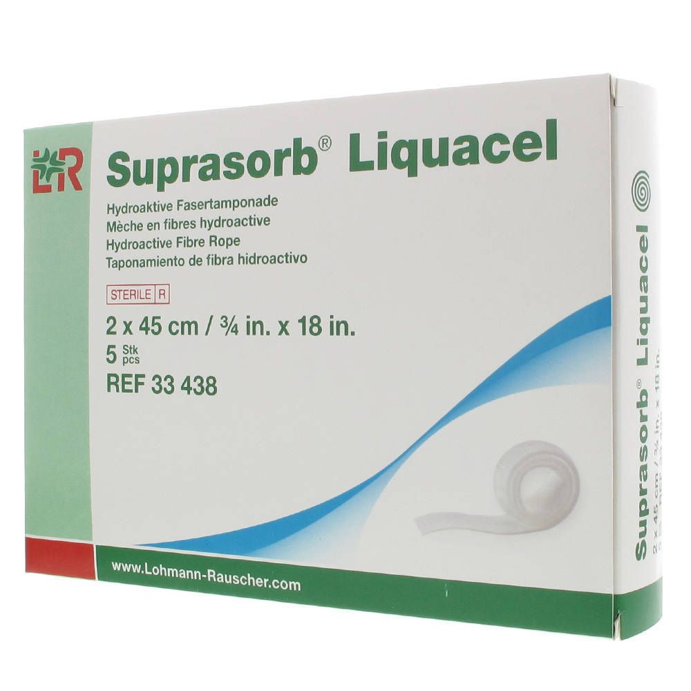 Emballage de Suprasorb Liquacel. Tampon hydroactif en fibres. 2 x 45 cm. 5 pièces. Stérile.