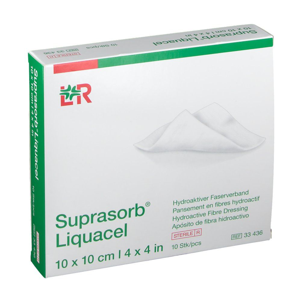 Boîte de Suprasorb Liquacel 10 x 10 cm. Contient 10 pièces. Inscriptions : Pansement fibre hydroactif, stérile R.