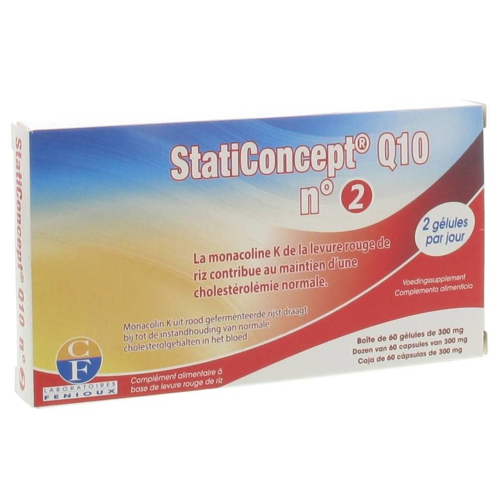 Verpakking van StatiConcept Q10 II. Blauw-witte doos met productnaam en informatie. Bevat 60 capsules.