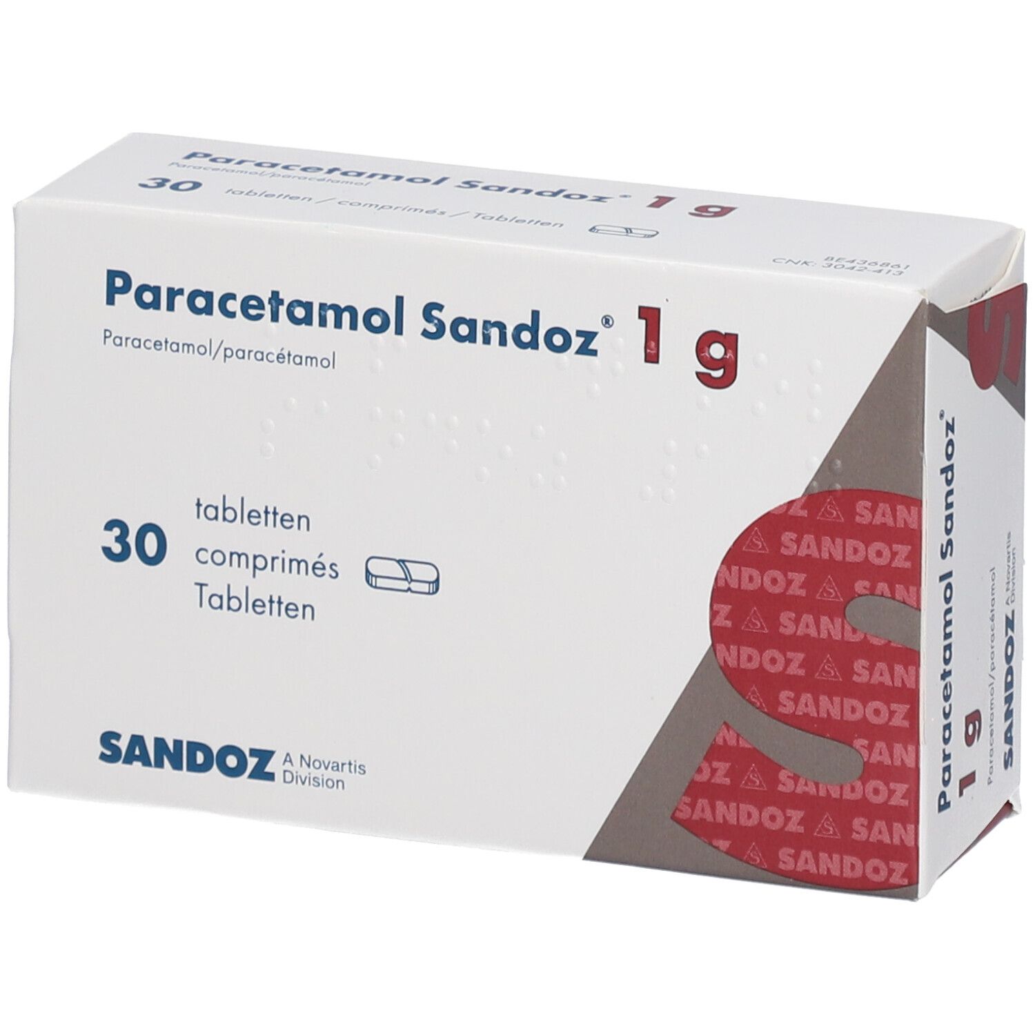Doosje Paracetamol Sandoz 1g, 30 tabletten. Witte doos met blauwe en rode tekst. Sandoz logo.