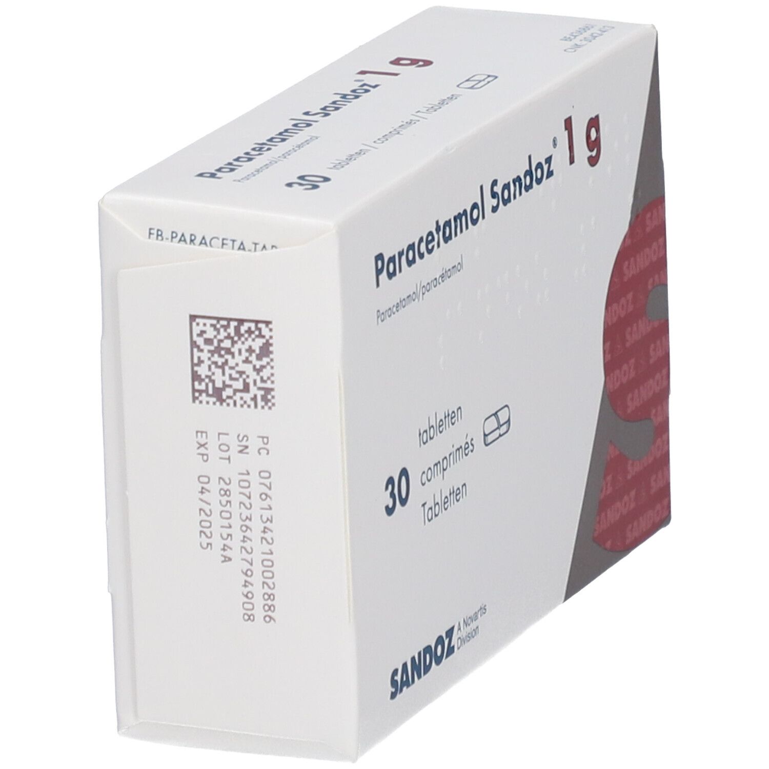 Doosje Paracetamol Sandoz 1g, 30 tabletten. Witte doos met rode tekst. Barcode en lotnummer.