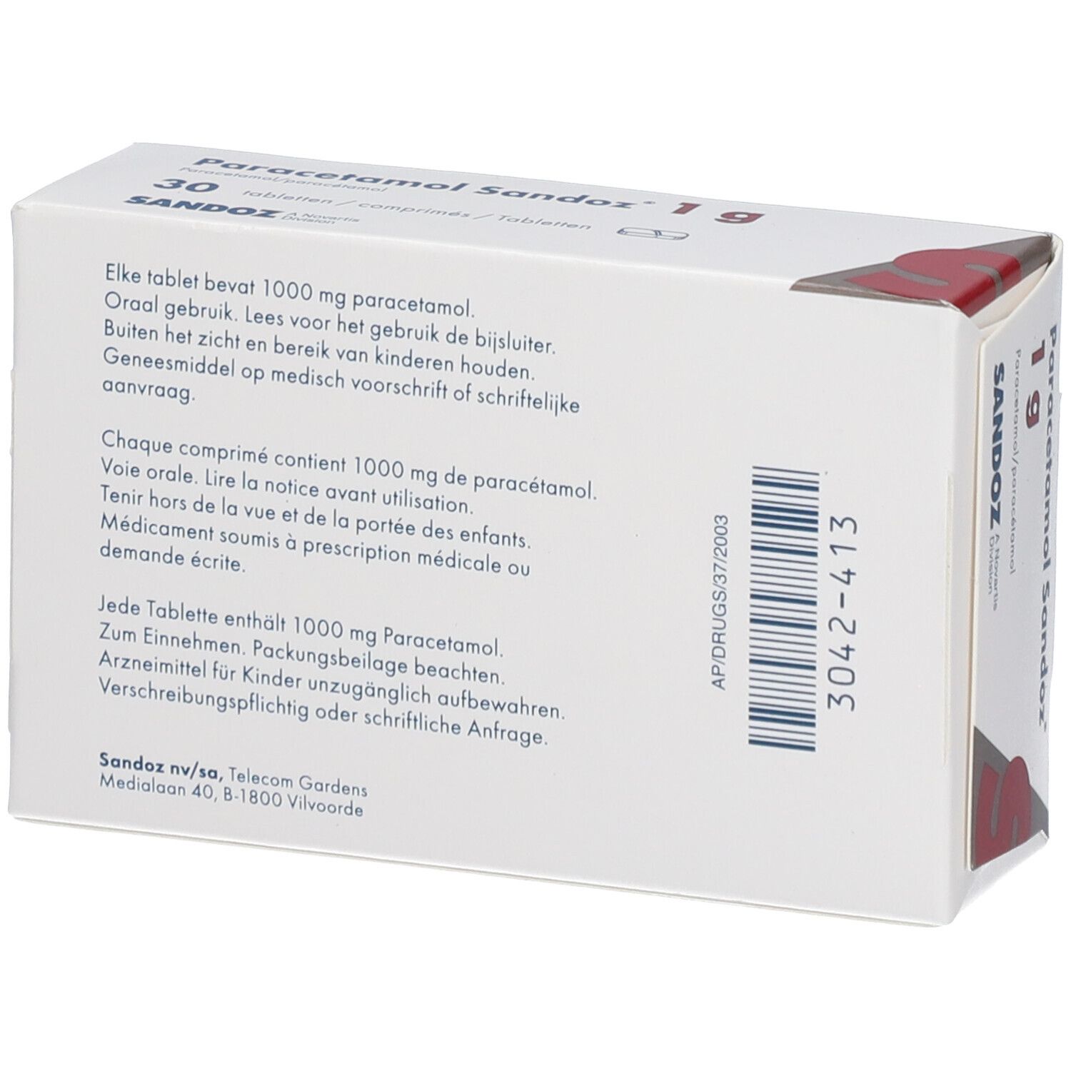 Achterkant van de Paracetamol Sandoz 1g doos. Meertalige tekst met dosering en waarschuwingen. Barcode.