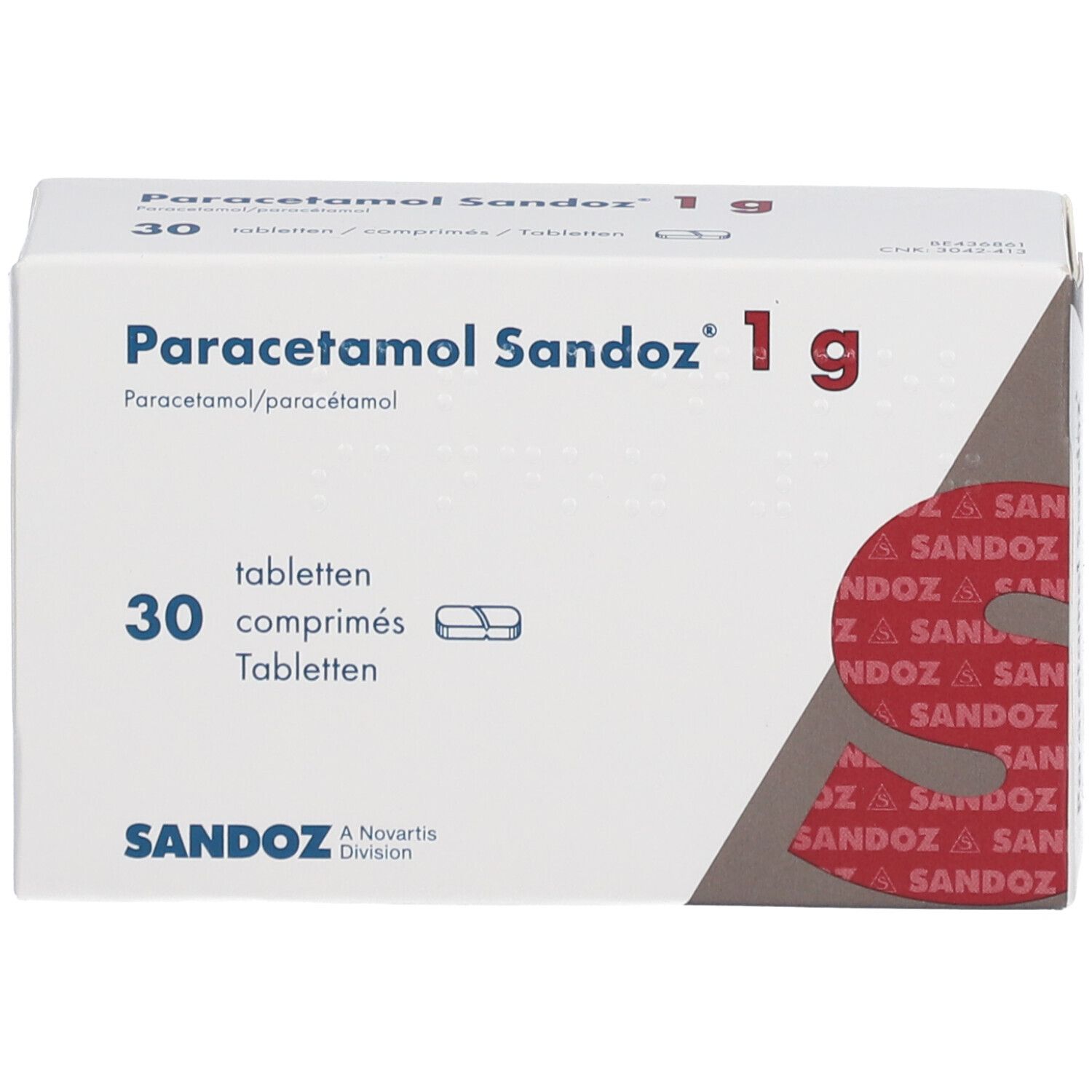 Doosje Paracetamol Sandoz 1g, 30 tabletten. Witte doos met blauwe en rode tekst. Sandoz logo.