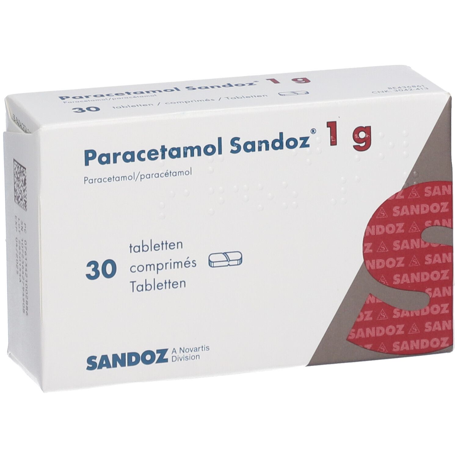 Doosje Paracetamol Sandoz 1g, 30 tabletten. Witte doos met blauwe en rode tekst. Sandoz logo.