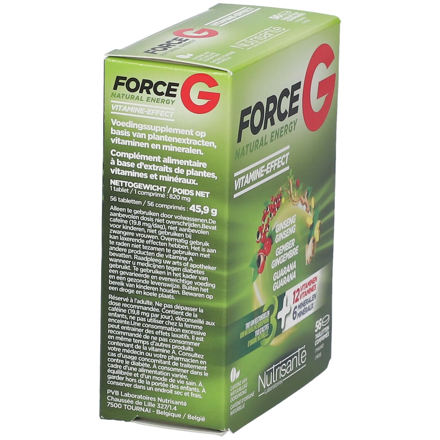Groene doos "FORCE G NATURAL ENERGY". 56 tabletten. Vitaminen en mineralen. Nutrisanté. Tekst in het Nederlands.