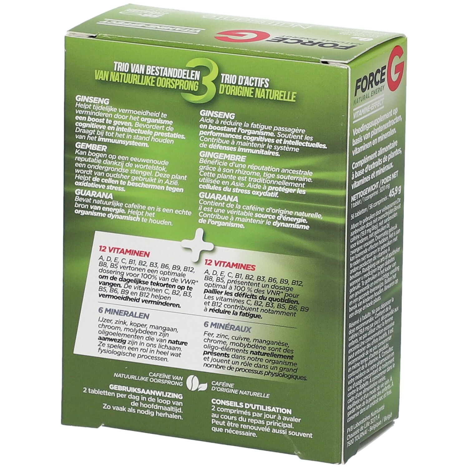 Achterkant groene doos "FORCE G". Informatie over ingrediënten, vitaminen en mineralen. Tekst in het Nederlands en Frans.