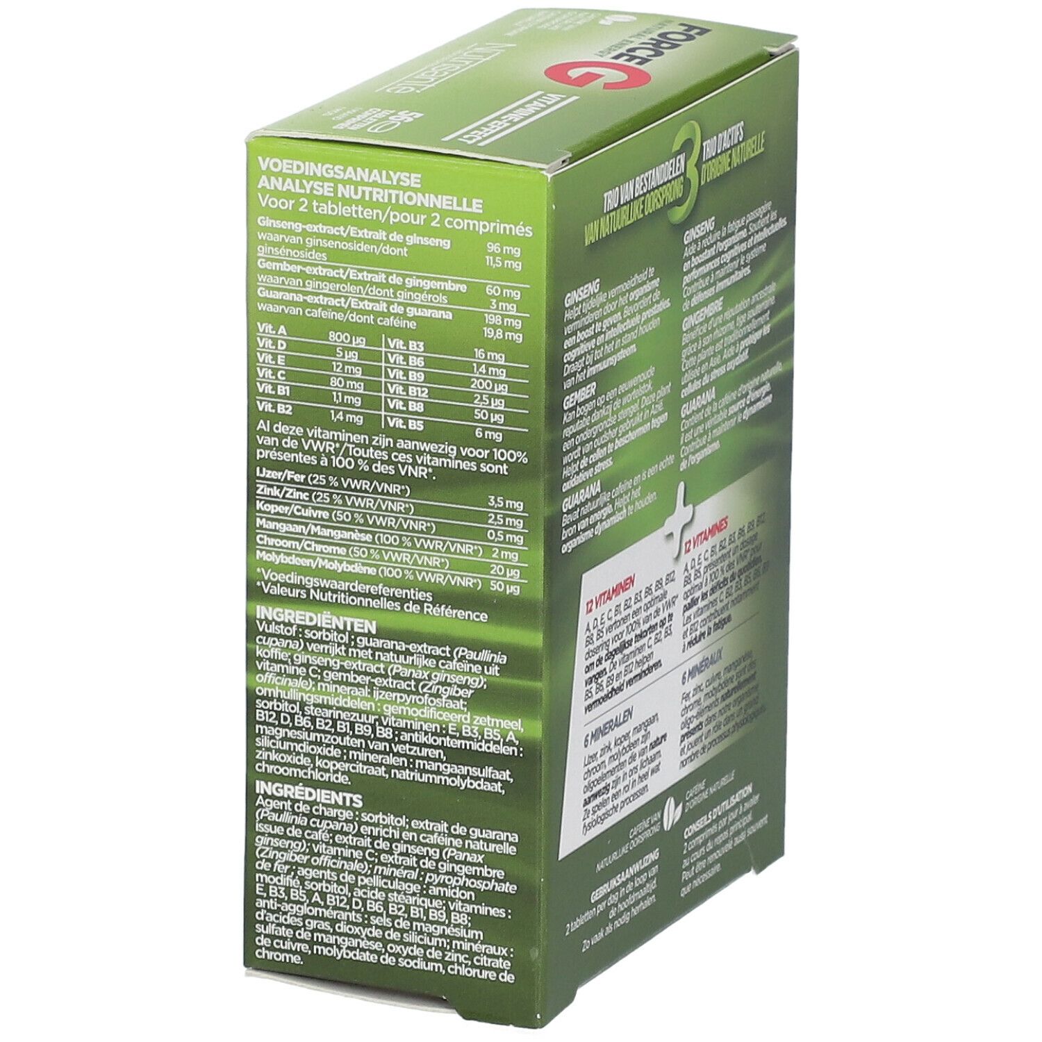 Achterkant groene doos "FORCE G". Voedingsanalyse en ingrediënten. Tekst in het Nederlands en Frans.