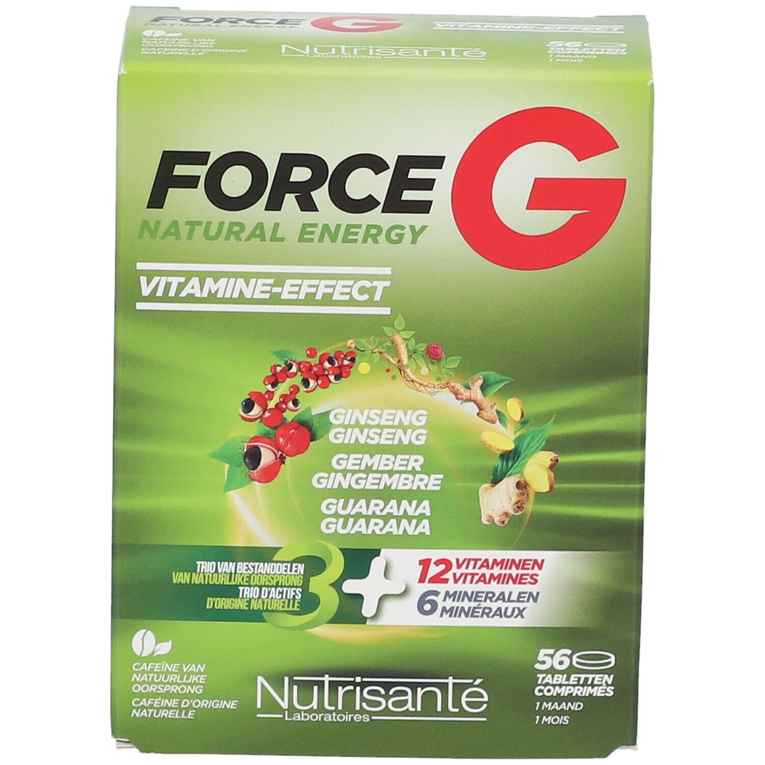 Groene doos "FORCE G NATURAL ENERGY". 56 tabletten. Vitaminen en mineralen. Nutrisanté. Met ginseng, gember, guarana.