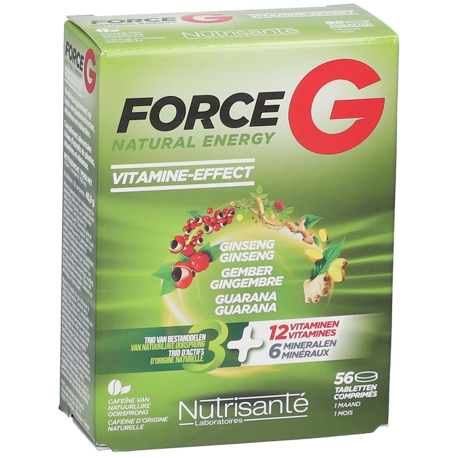 Groene doos "FORCE G NATURAL ENERGY". 56 tabletten. Vitaminen en mineralen. Nutrisanté. Met ginseng, gember, guarana.