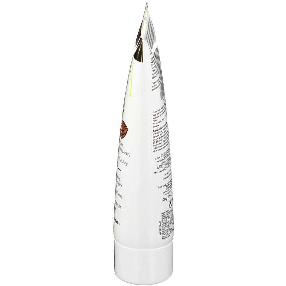 Vista laterale di un tubo di crema bianco. Scritte e illustrazioni visibili. Tappo rotondo bianco.