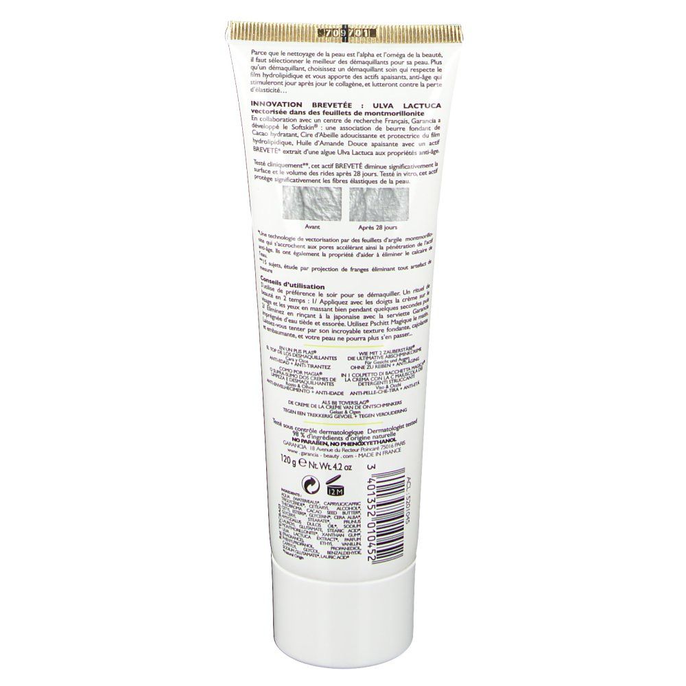 Retro di un tubo di crema bianco. Testo e informazioni visibili. Tappo rotondo bianco.