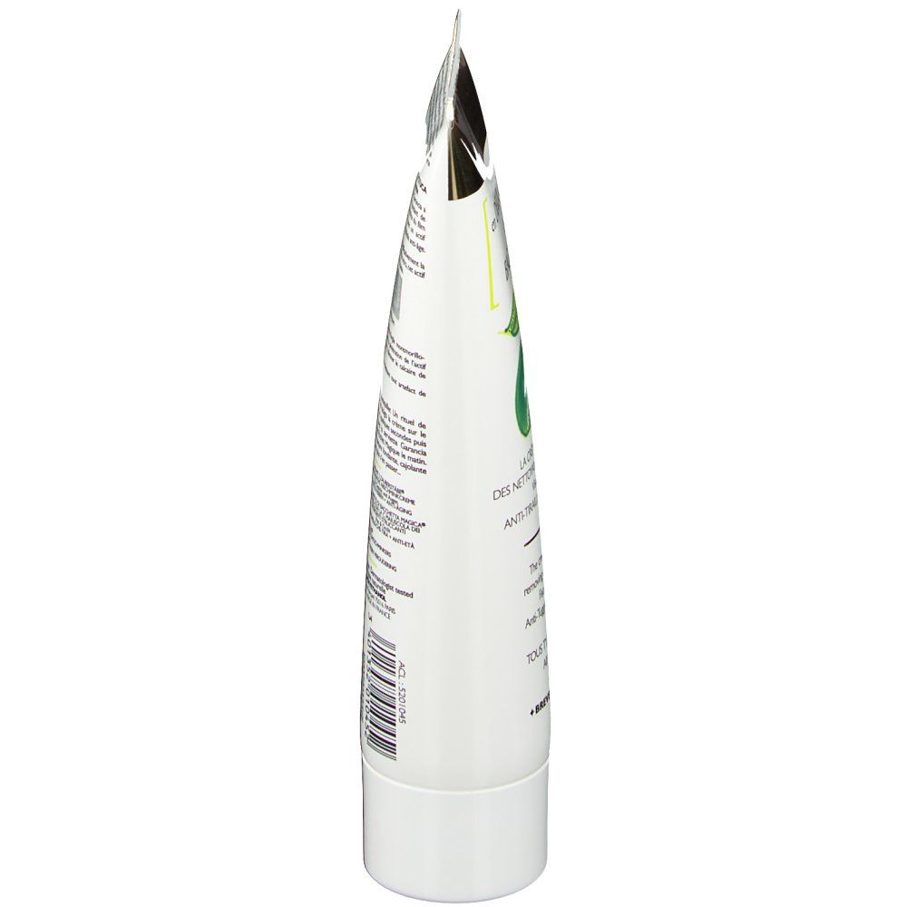 Vista laterale di un tubo di crema bianco. Scritte e illustrazioni visibili. Tappo rotondo bianco.