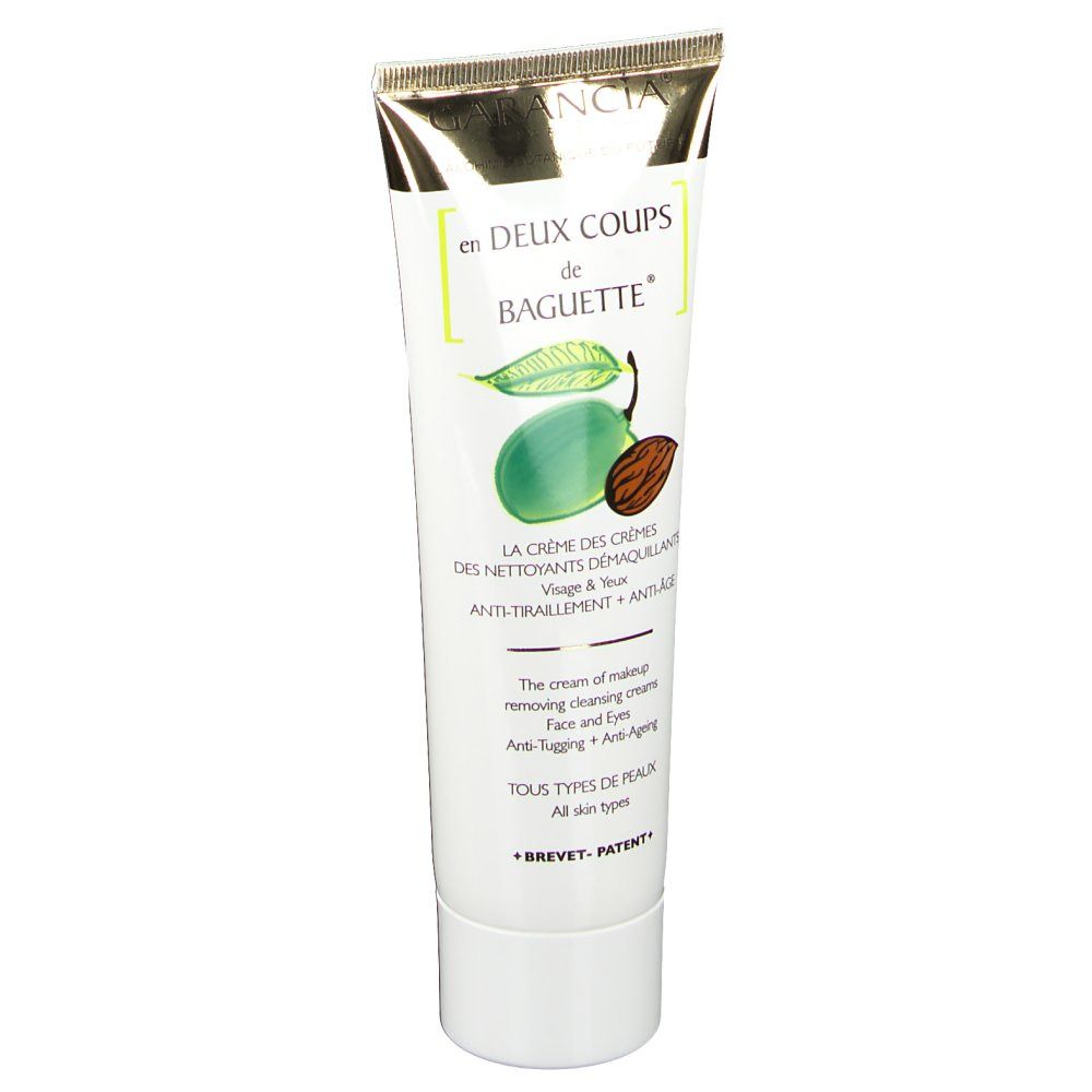 Tubo di crema bianco con tappo dorato. Scritta: Garancia, en Deux Coups de Baguette. Illustrazione: mandorla e foglia.