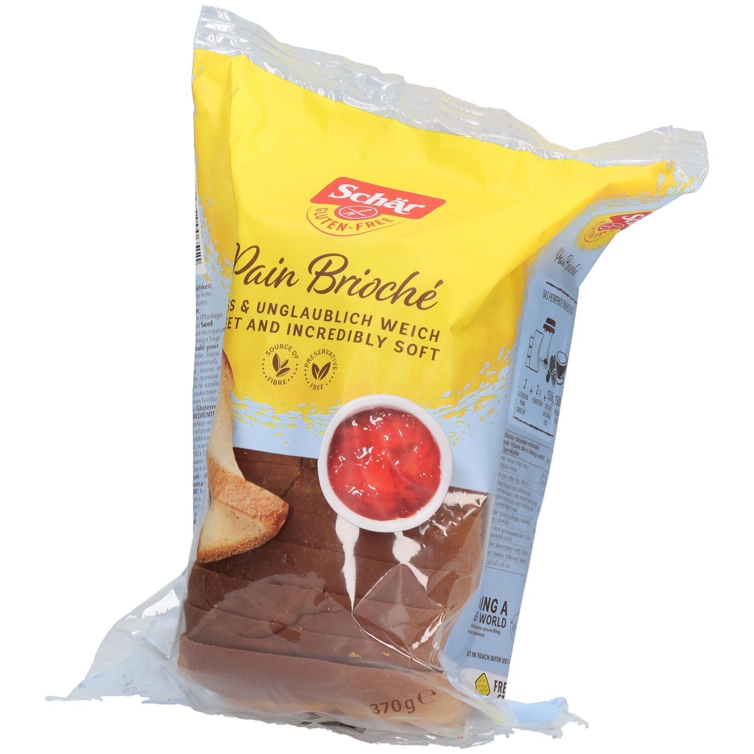 Verpackung mit Schär Pain Brioche Schnittbrot glutenfrei. Gelbe und blaue Verpackung mit Brot und Marmeladen-Illustration. 370g.
