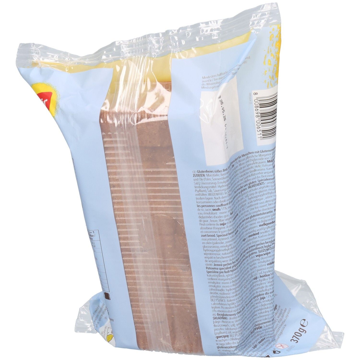 Verpackung Schär Pain Brioche Schnittbrot glutenfrei. Blaue Verpackung mit Brot. 370g. Rückseite mit Text.