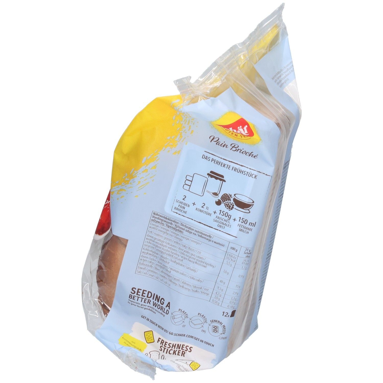 Verpackung Schär Pain Brioche Schnittbrot glutenfrei. Rückseite mit Text und Illustrationen. 370g. Frische-Siegel.