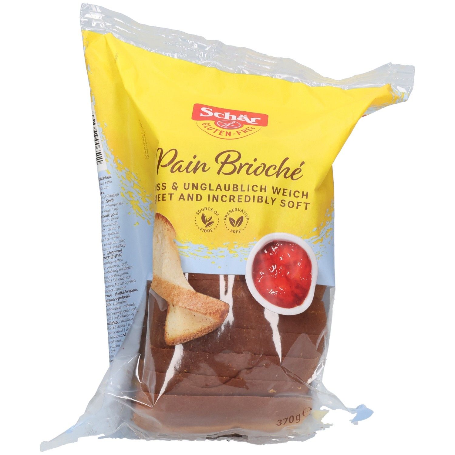 Verpackung mit Schär Pain Brioche Schnittbrot glutenfrei. Gelbe und blaue Verpackung mit Brot und Marmeladen-Illustration. 370g.
