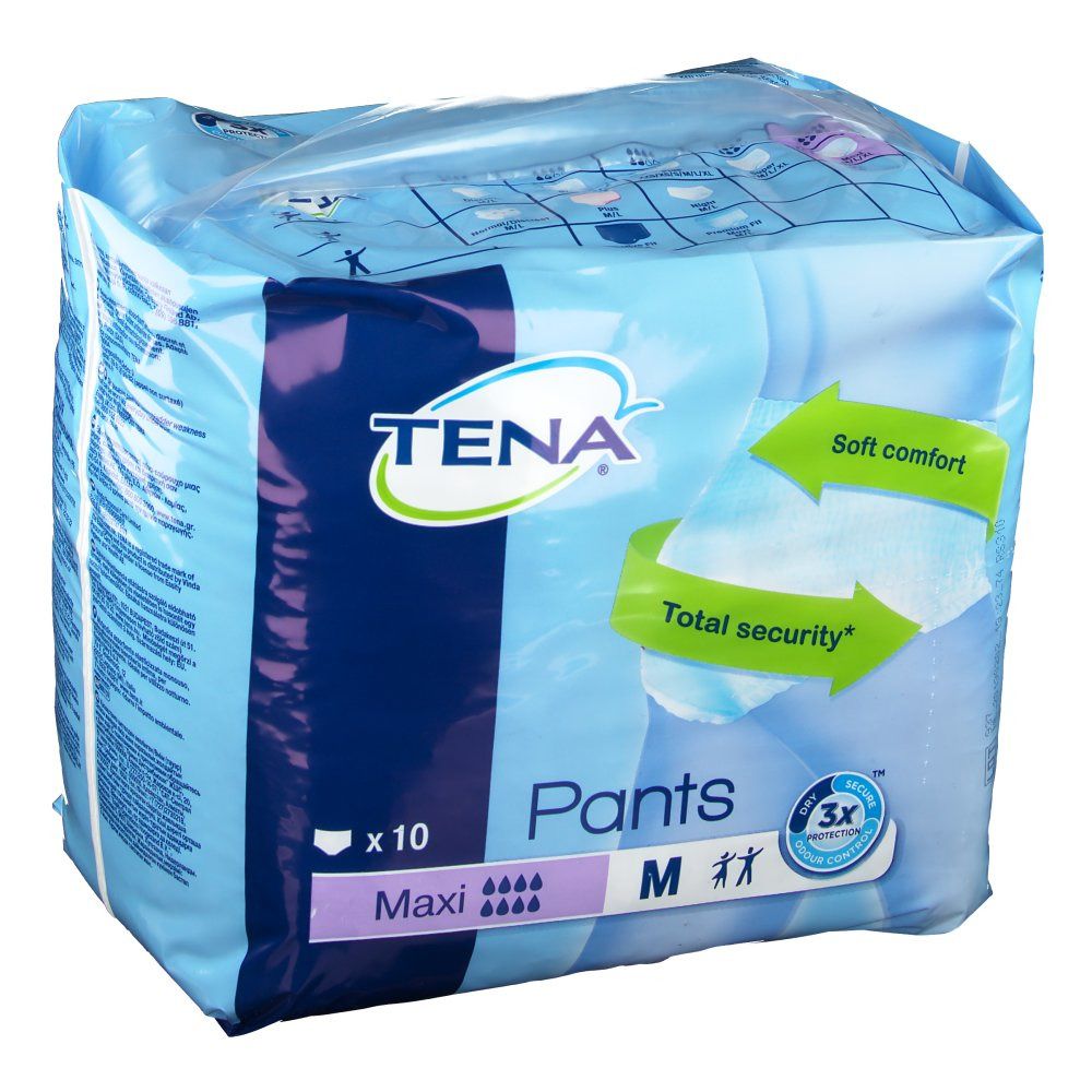 Verpakking Tena Pants Maxi M. Blauwe folie, productnaam en kenmerken. 10 stuks. Zacht en veilig.
