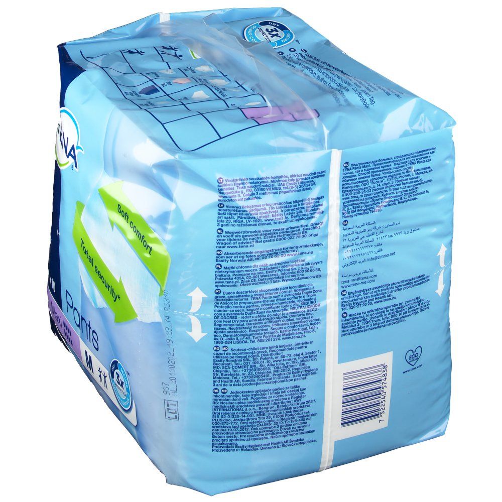 Achterkant van de verpakking Tena Pants Maxi M. Blauwe folie met productinformatie en barcode. 10 stuks.