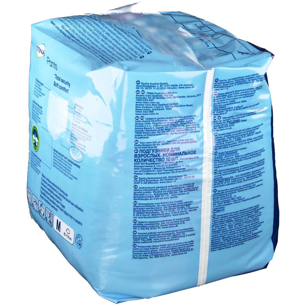 Achterkant van de verpakking Tena Pants Maxi M. Blauwe folie met productinformatie en fabrikantenadres. 10 stuks.