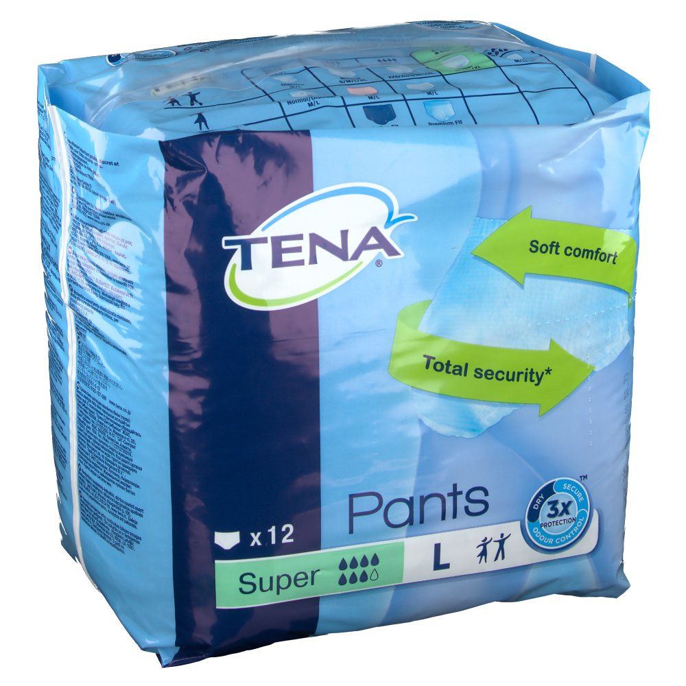 Paquet de Tena Pants Super, taille L, 12 unités. Emballage bleu avec nom du produit, niveau d'absorption et pictogrammes.
