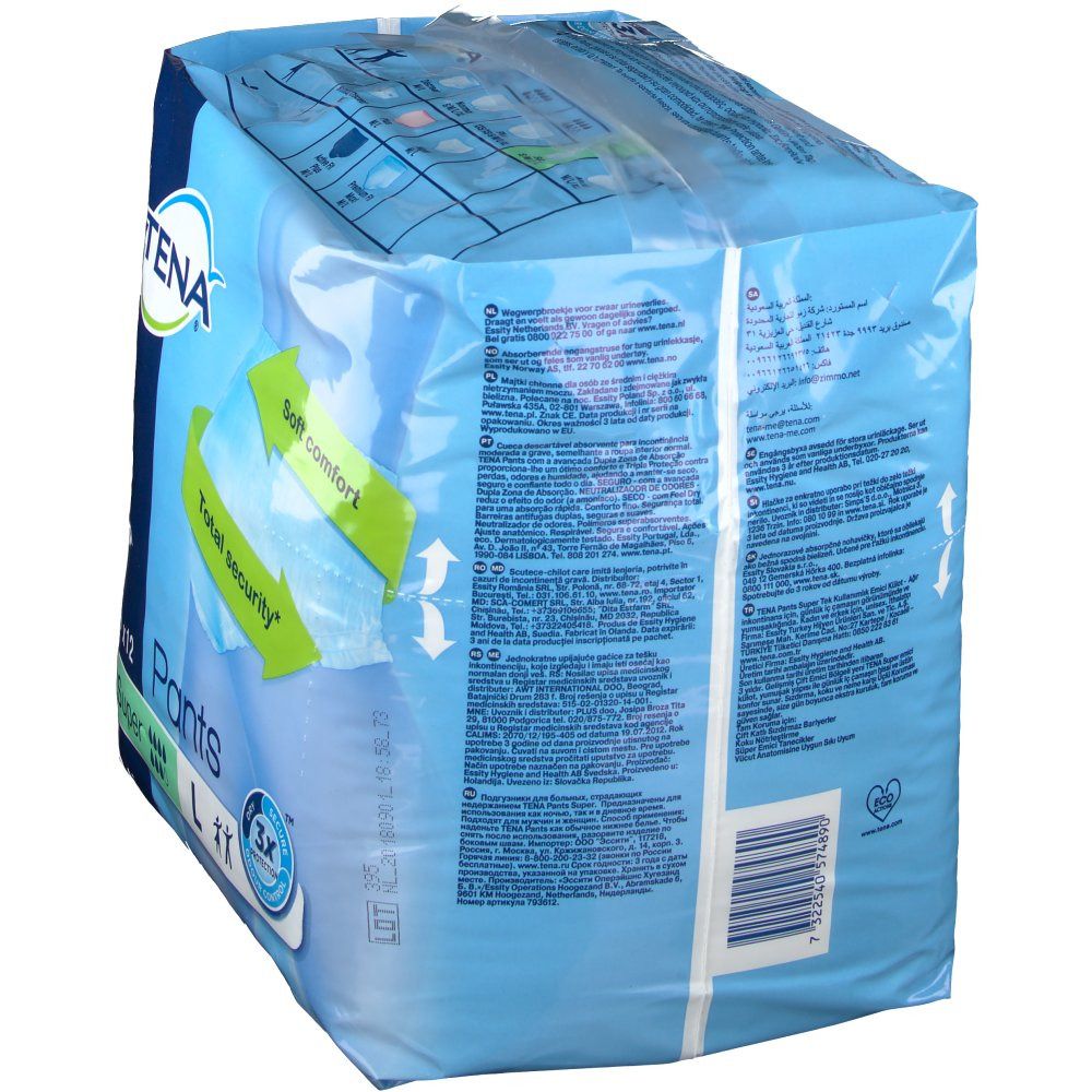 Dos du paquet de Tena Pants Super. Emballage bleu avec informations produit, code-barres et pictogrammes.