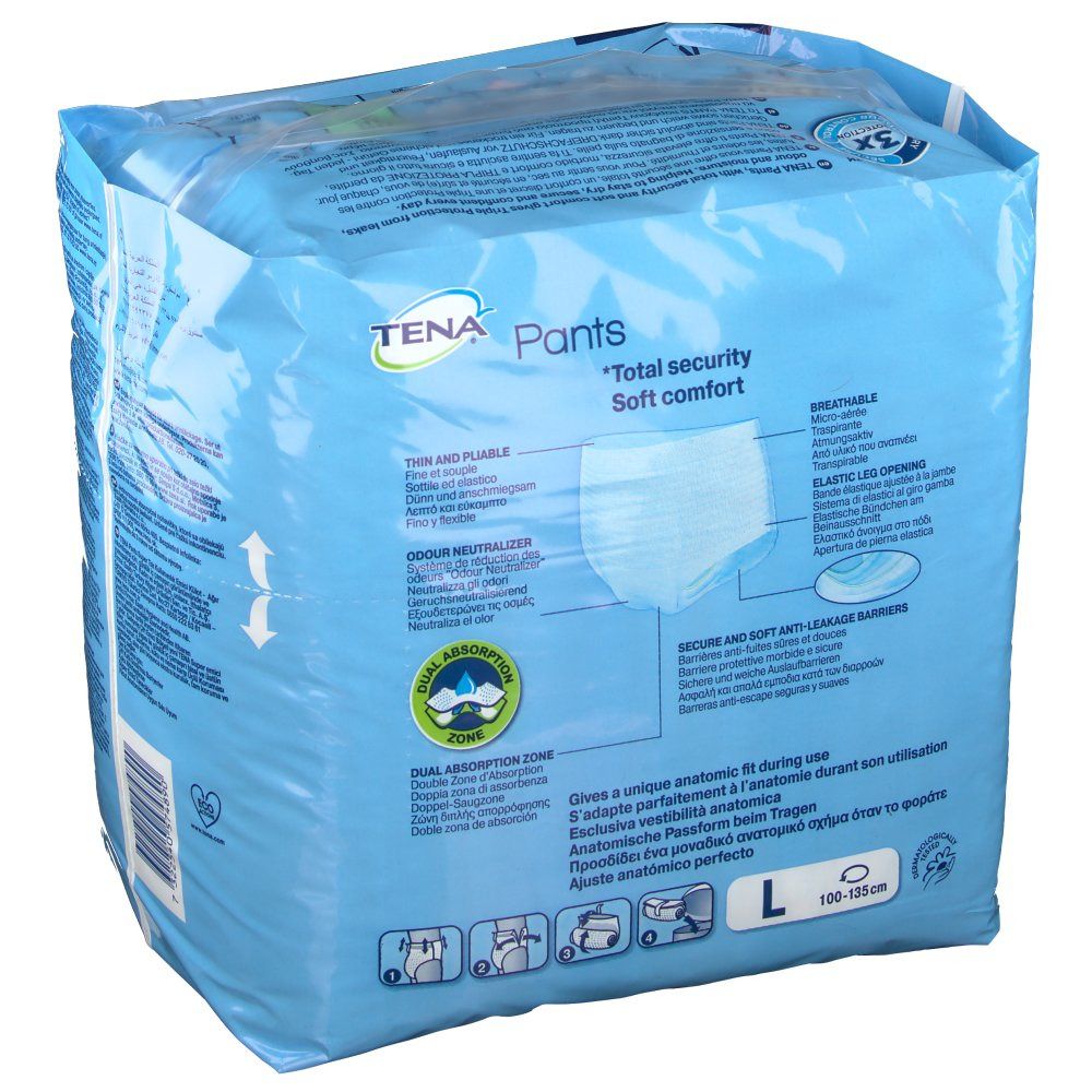 Dos du paquet Tena Pants Super. Emballage bleu avec caractéristiques du produit, indication de taille et pictogrammes.
