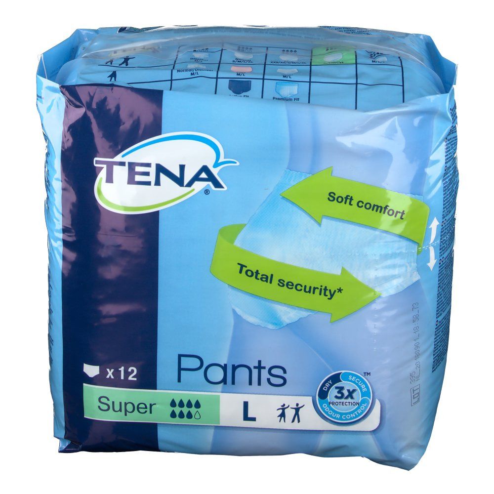Paquet de Tena Pants Super, taille L, 12 unités. Emballage bleu avec nom du produit, niveau d'absorption et pictogrammes.