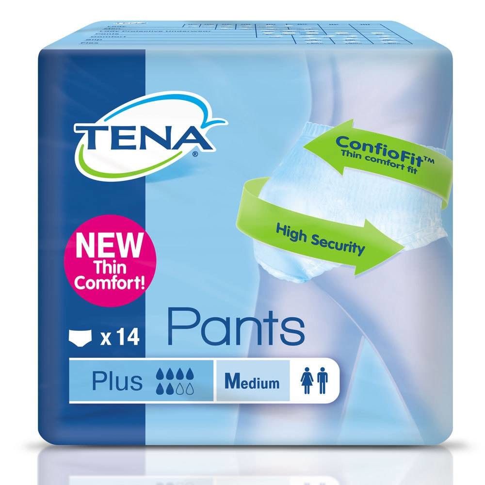 Verpakking Tena Pants Plus Medium. Blauwe verpakking met productafbeelding. Tekst: New Thin Comfort, x14, Plus, Medium, dun comfort.